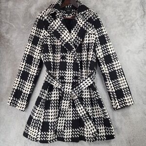 Express Coat Womens Large Black White Plaid Wool Blend Tweed Belted Trench Lined